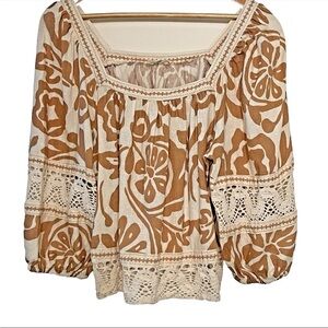 Christian Siriano Peasant Blouse Women Lg Floral Boho Square Neck Linen Crochet